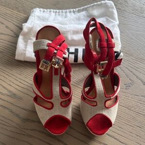 SCHUTZ Red and Cream Heeled Sandals